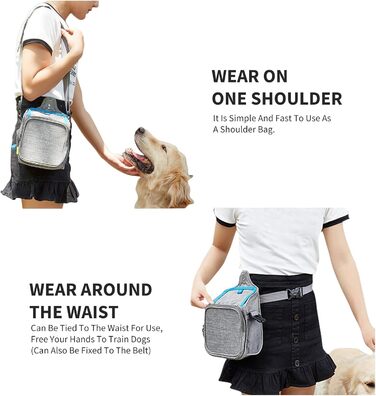 PETCUTE Сумка для тренування собак, міцна сумка для ласощів, сумка для перекусів для собак зі змінним плечовим ременем, поясний ремінь і кліпса (темно-сірий + сірий)
