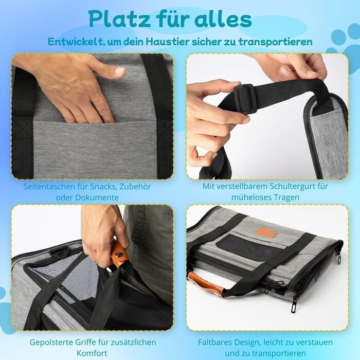 TREKAM Транспортний бокс для котів та маленьких собак з мискою, ковдрою, ременем на плече та м'якою підкладкою - для автомобіля та літака