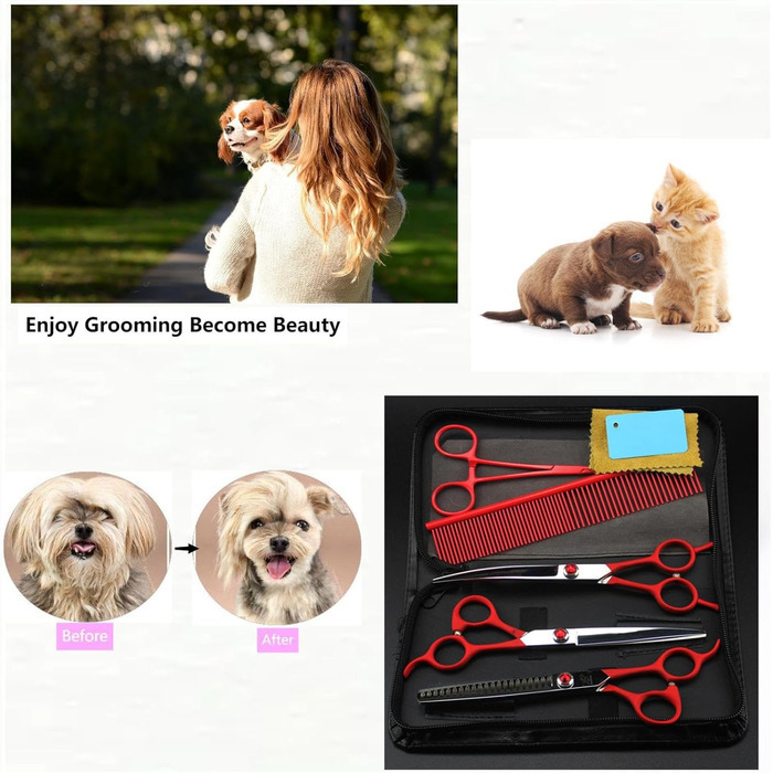 Набір ножиць для собак 7.0' 6 в 1: прямі, вигнуті, фінішна ножиця, пінцет, гребінець. Нержавіюча сталь 440C