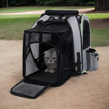 Висувний рюкзак для котів | Транспортна сумка для котів – переноска для тварин, розширювана, дихаюча, складна, для подорожей, піших прогулянок, транспортування (Сірий з зеленими краями)