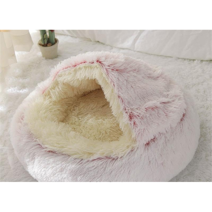 М'який лежак-мішок для котів з плюшу, самонагрівальний, неслизький, пральний, кавового кольору (рожевий плюш)