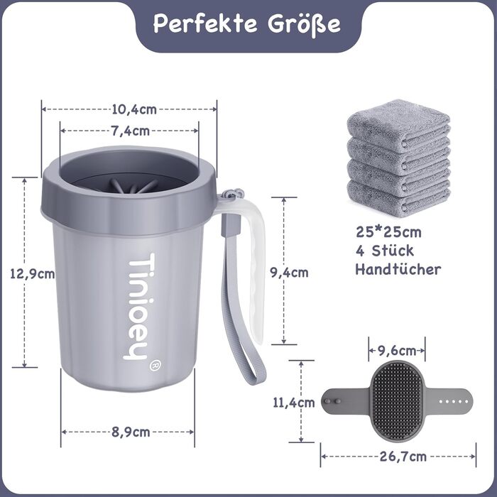 Очисник лап для собак великих порід Tinioey з ручкою | В комплекті 4 рушники та щітка для миття лап | Очисник лап для собак, аксесуари для собак великих порід, середній розмір (сірий)