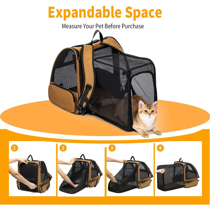 Рюкзак-переноска для кота та собаки, розширюваний, коричневий. Підходить для котів та собак вагою до 9 кг