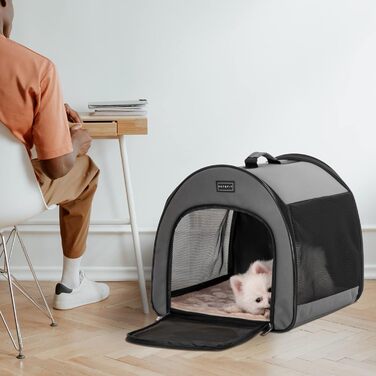 Складана переносна дихаюча сумка-бокс для собак Petsfit M, сіра, із вигнутим дизайном, антивідкривною блискавкою та плюшевою подушкою, для дому