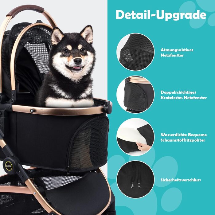 Візок для собак DAISTERN, чорний, до 25 кг, 4-в-1, алюмінієвий, з поворотним колесом EVA та гальмом