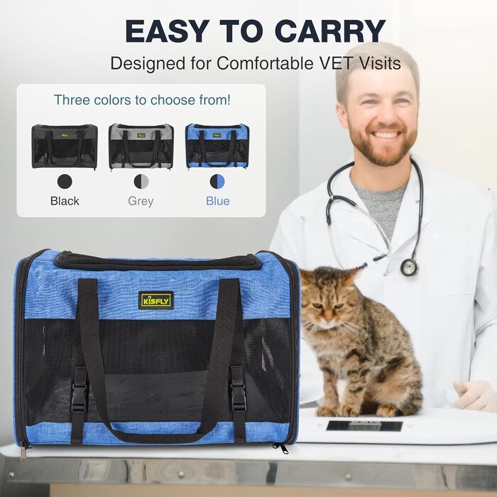 Транспортувальна сумка для тварин, схвалена TSA, 43.2 x 30 x 24.1 см, м'яка переноска для котів та собак до 5.4 кг, з туалетом для котів (20x13x13 см), блакитна