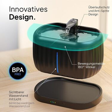 Турбофонтанчик для котів Pretty Paw з датчиком руху, бездротовий, 45 днів роботи від акумулятора, фільтр, 4 л, BPA Free, чорний