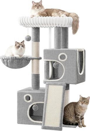 Кігтеточка для котів Hzuaneri, 98 см, з платформою, іграшками та кігтедраперами, сіра