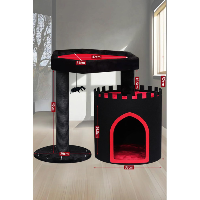 Готичний котячий комплекс з ліжком-саркофагом, чорний котячий оазис для Хелловіну, готичні меблі для котів (компактний)