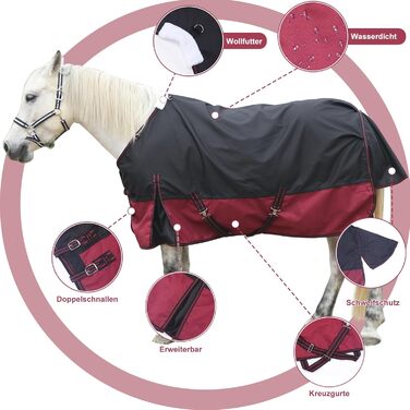 Водонепроникна дощовик-попона для коней 1200D, дихаюча легка накидка без наповнювача (0г), чорно-червона, 135 см