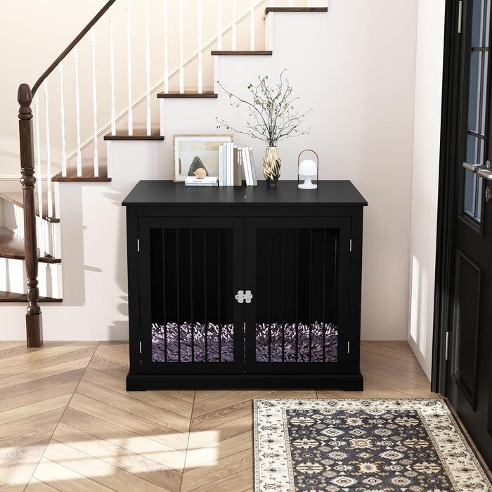 Клітка для собак HOLTICO, чорна, велика (L) з м'яким лежанком, для дому, з відкидним верхом, стильна, міцна