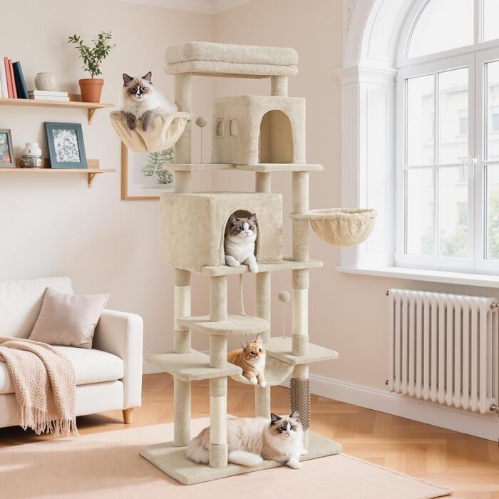 Драбина для котів YITAHOME - кігтеточка, будиночок, велика платформа, товсті стовпи (11 см), м'яке ліжко, 50 x 50 x 157 см (Бежевий)