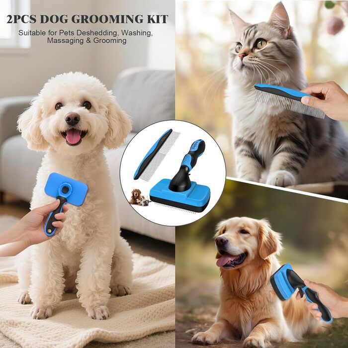Набір для догляду за собаками: щітка для вичісування, шампунева щітка, металевий гребінець, 3 шт., блакитний/чорний