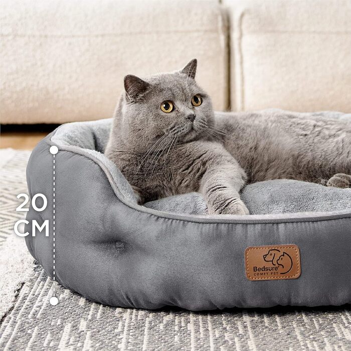 BEDSURE Ліжко для котів, 63x53x20 см, двостороння подушка, сіре, пране, для котів і маленьких собак