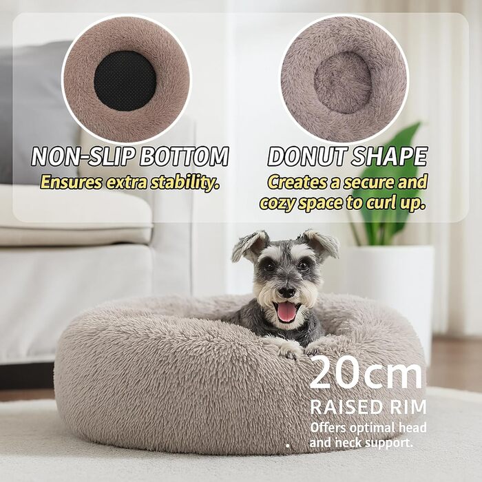 Заспокійливе ліжко для собак у вигляді пончика, м'який плюш, кругле ліжко для котів, зручне, м'яке, можна прати, подушка, самопідігріваюче ліжко для тварин з неслизьким дном, ліжко-гніздо для сну та відпочинку 60 x 60 x 20 см (Д x Ш x В) у кольорі тауп