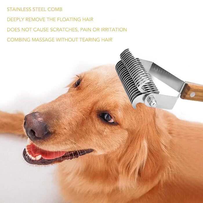 Гребінець для собак з подвійною лінією зубців з нержавіючої сталі, дерев'яною ручкою, для видалення ковтунів, догляду за шерстю котів та цуценят. М'який догляд за шерстю, зменшення випадання шерсті, для здорової шкіри.