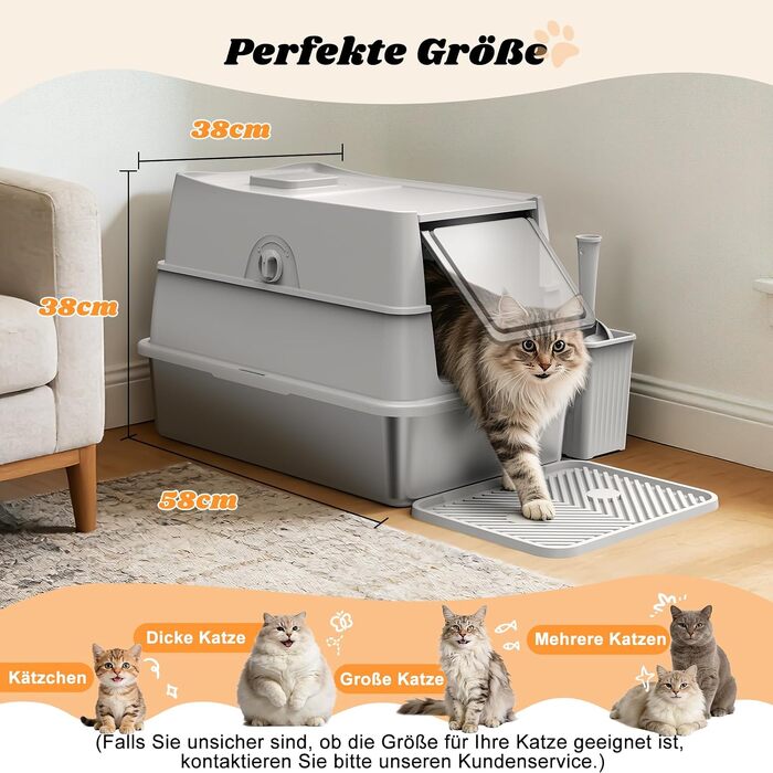 Закритий лоток-туалет для котів з нержавіючої сталі FURTIME XL з кришкою, високими бортами, килимком та контейнером для сміття, сріблястий, 58 x 38 x 38 см
