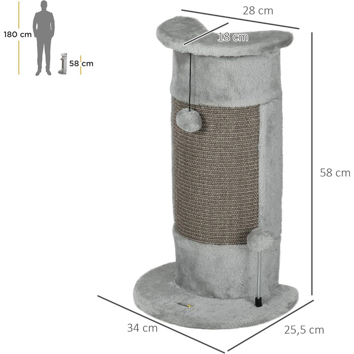 Котячий когтетоп PawHut кутовий, 58 см, сірий, з кулькою, для дому