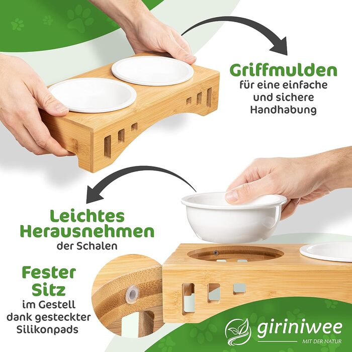 Миска для котів та тварин Giriniwee з бамбукового каркасу, 2 керамічні миски по 400 мл, піднята подвійна миска для кошенят, собак