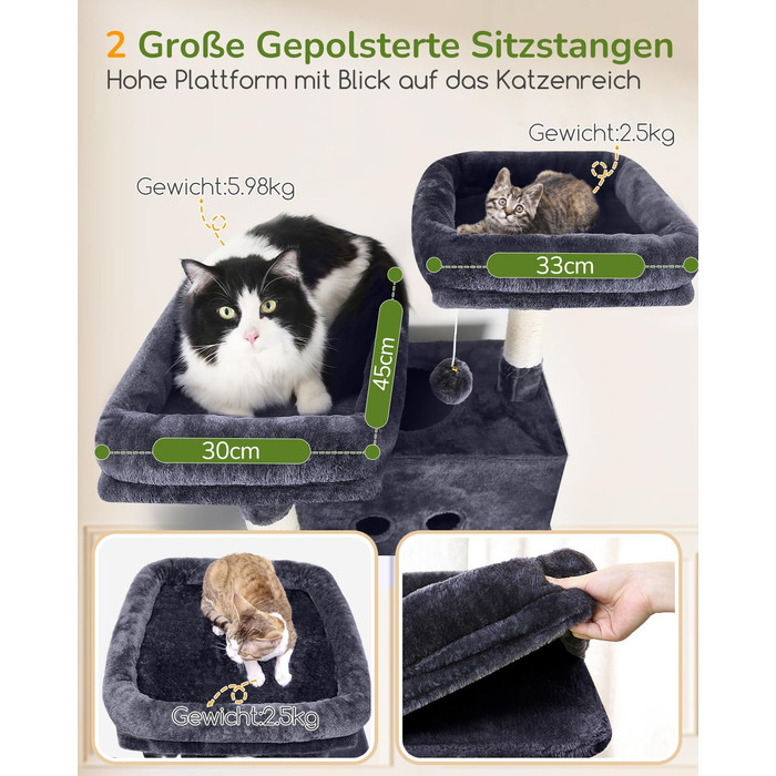 Комплекс для котів Globlazer XXL (204 см) для 3-5 великих котів, темно-сірий: будиночки, платформа, гамак, іграшки