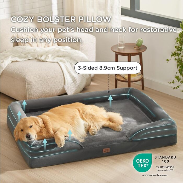Ортопедичне ліжко для собак BEDSURE - 71x58 см. М'яке ліжко-софа для собак, зручне, з ефектом пам'яті, сірого кольору, 134x106x20 см.