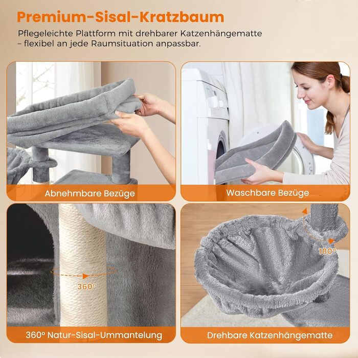Котячий комплекс LEEJARD XXL: великий дерев'яний будиночок для котів з платформами, стійками для шліфування, будиночком, гамаком, іграшками та захистом від перекидання (180 см, світло-сірий)