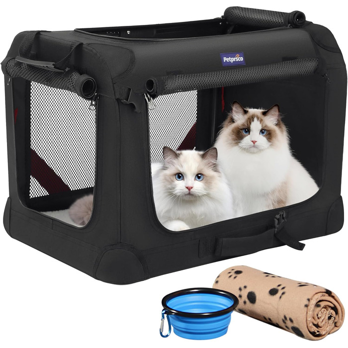 Транспортна переноска для котів та собак Petprsco, 60x42x42 см, чорна. Зігріваюча ковдра, миска та знімний матрац
