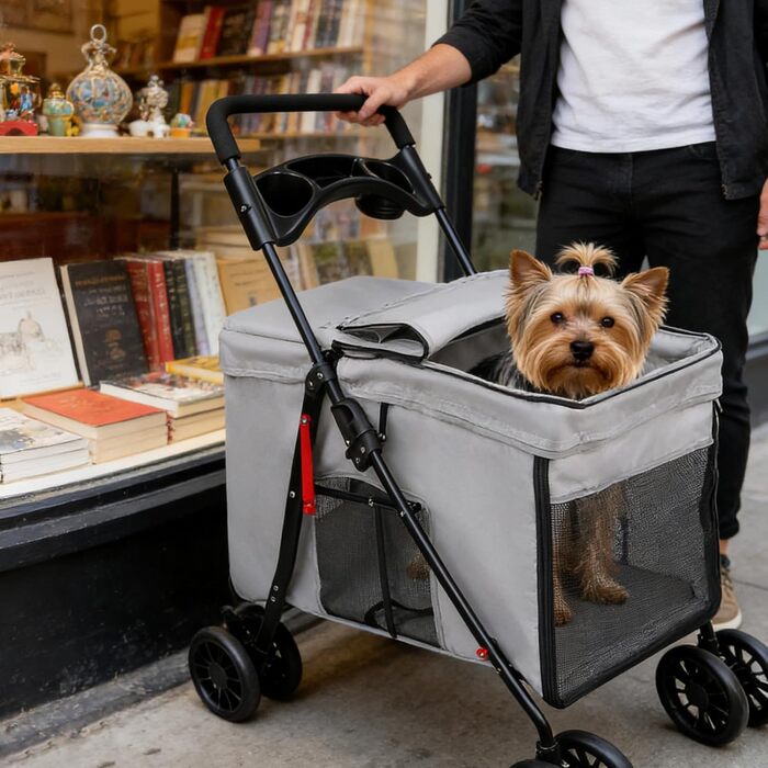Візок для тварин, бугі для собак та котів, складний, сірий. Міцний, водонепроникний, з дихаючим матеріалом, до 20 кг.