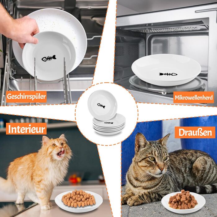 Набір мисок для котів CROUTE (6 шт.) - керамічні, плоскі, анти-високочування, білий (візерунок 'Рибка')