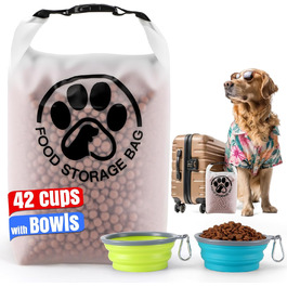 Контейнер для корму для тварин на 25 порцій з 2 складними мисками для подорожей – прозорий, з надійним роликовим закриттям, зберігає сухий корм свіжим для кемпінгу (42 чашки з мискою)