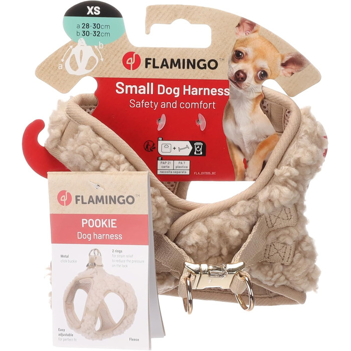 Нашийник для собак Flamingo Step&Go Pookie – Бежевий – Розмір S (A: 30–35см, B: 37–40см, 5мм) – М'який флісовий нашийник з липучкою, кліпсою та золотими деталями (Pookie Beige XS 28-30см 30-32см)