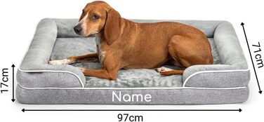 Ортопедичне ліжко для собак Lionto з піднятим бортиком, 89x63x17 см, міцне собаче ліжко з м'яким фланелевим наповнювачем, знімний та пральний чохол, нековзне, для малих та великих собак + котів, сіре (з нанесенням імені)