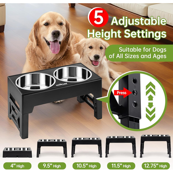 Підвищені годівниці для собак EliteField з нержавіючої сталі (2 роки гарантії), 2 миски, 5 регульованих висот (10.2 см, 24.1 см, 26.7 см, 29.2 см, 32.4 см), для собак будь-якого віку, маленьких та великих