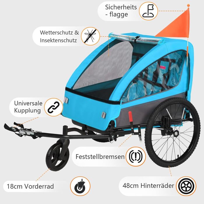 Дитячий велопричіп 2в1 Kinderkraft з функцією візка та бігуна, амортизація, регульована ручка та гальма, для 1-2 дітей до 40 кг (Блакитний)