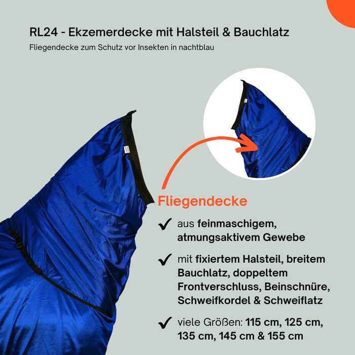 Екземерна ковдра для коней з нашолобником та захистом живота – ковдра від комах з дрібною сіткою, подвійний фронтальний замок та підв'язки для ніг – ковдра для коней для активного відпочинку у нічному блакитному кольорі – 125 см, нічний блакитний 125 см