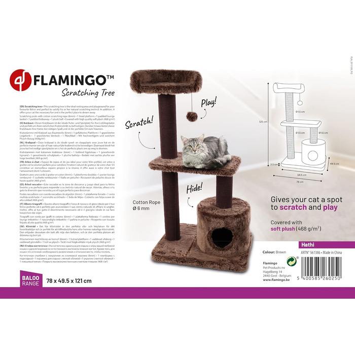 Дряпалка для котів Flamingo Hathi – Колір: Коричневий – Розміри: 78 x 49,5 x 121 см – З платформою, сховальнями та стовпчиками для дряпання з сизалю