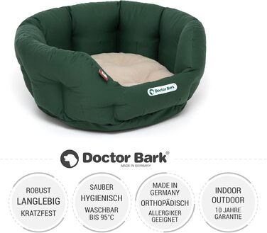 Ліжко для собак Doctor Bark - кругле, м'яке, середнього розміру, з ортопедичною подушкою та іграшкою-кісткою. Можна прати до 95°C. Виготовлено в Німеччині (M - 50x40 см, Зелений/Бежевий)