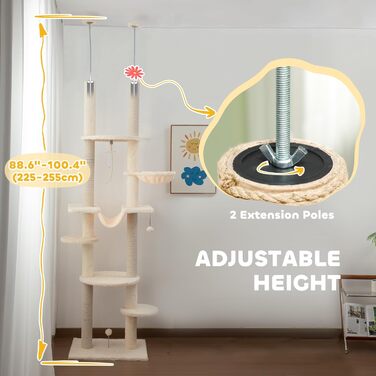 PawHut Дряпка для котів 225-255 см, 7 рівнів, з гамаком, платформами, іграшковим м’ячем, бежево-сіра