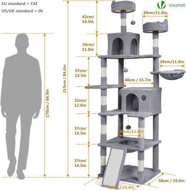 Двоповерховий котячий будиночок Vounot XXL (215 см), стійкий котячий комплекс з гамаком, корзиною та шматочками для дряпання, сірий