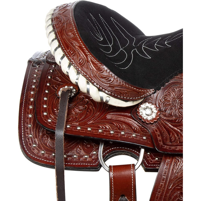 Вестерн-сідло Barrel Racer з тисненням для шоу, прогулянок і трейл-райдингу, шкіра, розмір для коня і поні, сидіння 25,4-45,7 см