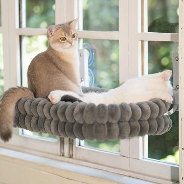 Кішка ліжко-гамак для вікна CheerPals, м'яка знімна наволочка, стабільне сталеве гніздо, до 18 кг, білий-L (сірий-M)