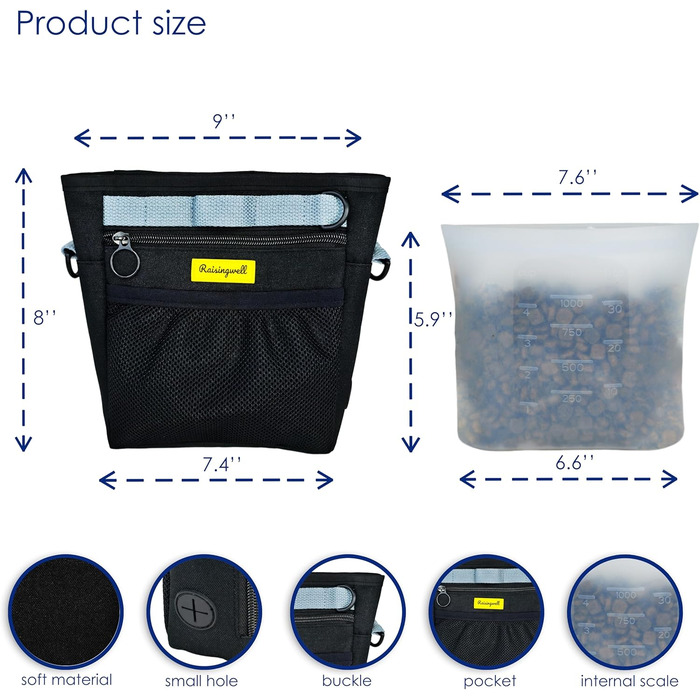 Сумка для ласощів для собак, багатофункціональна сумка для прогулянок з силіконовим кишеньком, мішок для корму для дресирування собак та дозатор ласощів, ідеальна для активного відпочинку на природі (Чорний, 4 відділення)