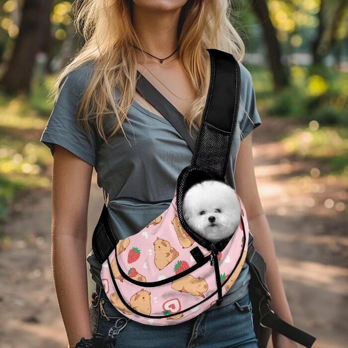 COEQINE Сумка для собак, кросбоді для жінок, рожева зірки, зручна через плече для маленьких собак, переноска для домашніх тварин, регульований ремінь, дихаюча (Capy Bara Strawberry Pink)