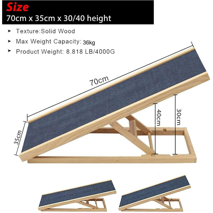 Дерев'яна пандус для собак, сходи для тварин, пандус для автомобіля, регульована висота 70x35x30/40 см