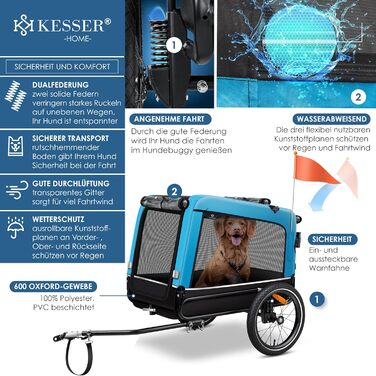 KESSER Причіп-візок для собак Boxer 3в1, велосипедний, великий, 240 л, 600D Оксфорд, амортизований, до 40 кг, з підстаканником