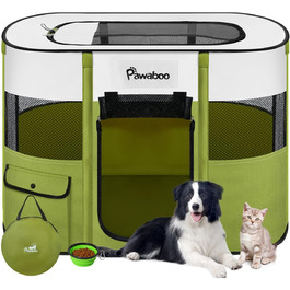 Pawaboo Зручний переносна клітка для тварин, розкладний вольєр для собак та котів з водонепроникного оксфорду, з сумкою для перенесення, миска, для цуценят, котів, кроликів, для дому та вулиці, зелений, M, 80x60x55 см