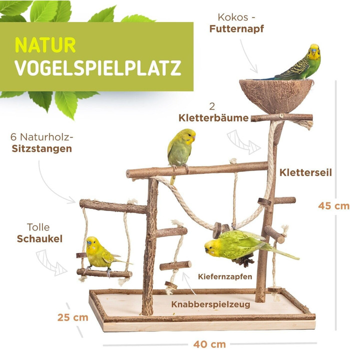Vogelgaleria® Розкішний ігровий майданчик для птахів з натурального дерева, знімна годівниця, іграшка для хвилястих і корел