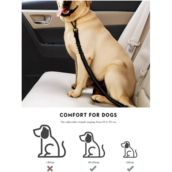 Ремінь безпеки для собак в авто: 2 шт., чорний, 60 см, з регулюванням та амортизацією