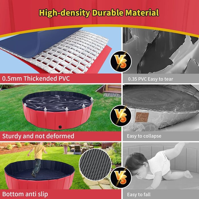 Складний басейн для собак CACSPS, 221 x 30,5 см, басейн для дітей з жорсткого пластику, неслизька ванна для собак на вулицю, задній двір, складний басейн для собак, дітей, домашніх тварин (червоний)