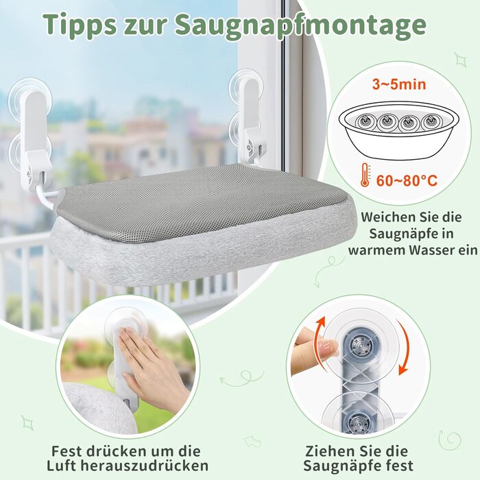 Лежанка для котів на вікно GUUSII HOE: крісло-гамак з 4 присосками, легка установка, білий (сірий, м)